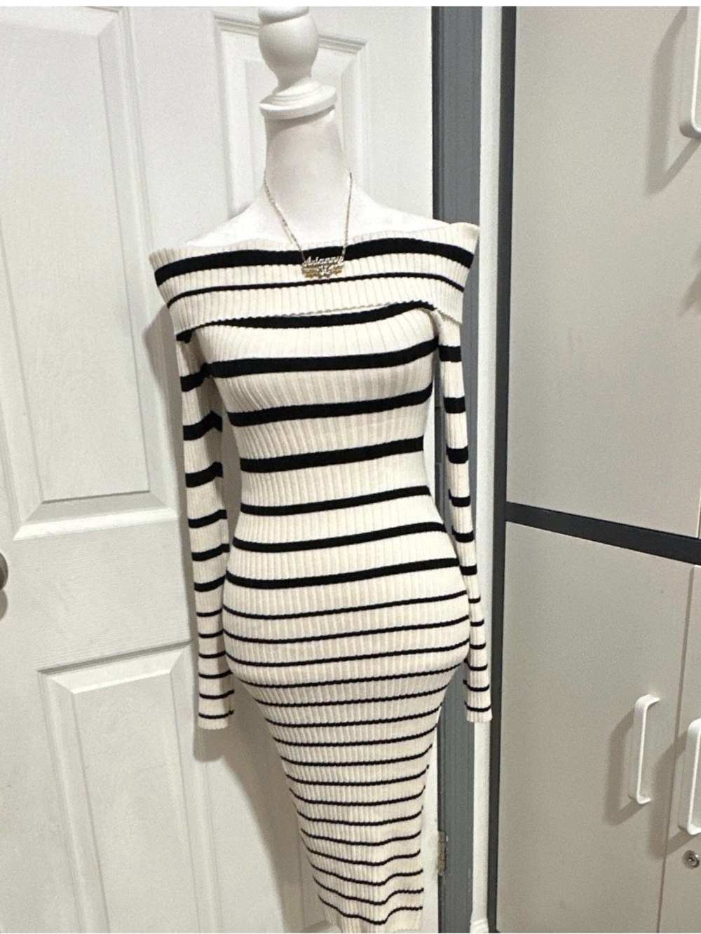 Off-Shoulder Black and White Striped Midi Dress